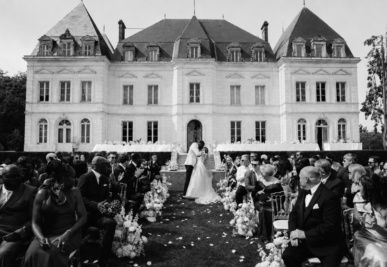 Jillian and Joël Nkounkou on their wedding day at Château Fengari
